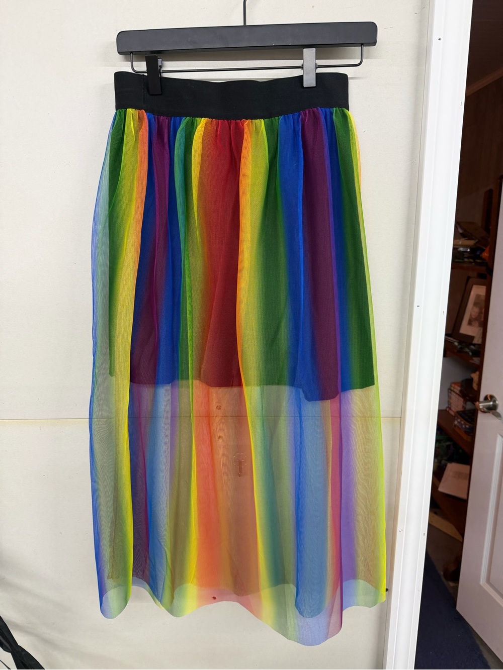 Rainbow Sheer Maxi Skirt with Black Waistband